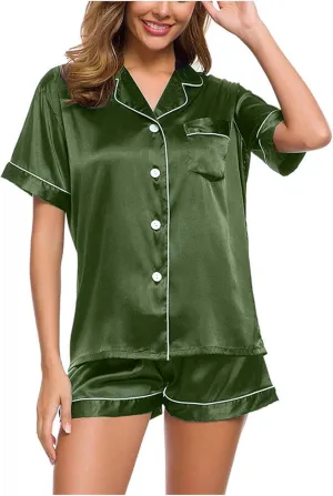 Satin Silk Smooth Pajamas Set for Women Button Lapel Collar Short Sleeve Shirts with Summer Lounge Shorts Sleepwear