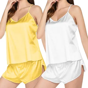 Satin Women's Pajamas Set V Neck Lace Camisole Undershirt Sleeveless Shorts Loungewear Fleece Sleepwear Suit for Ladies