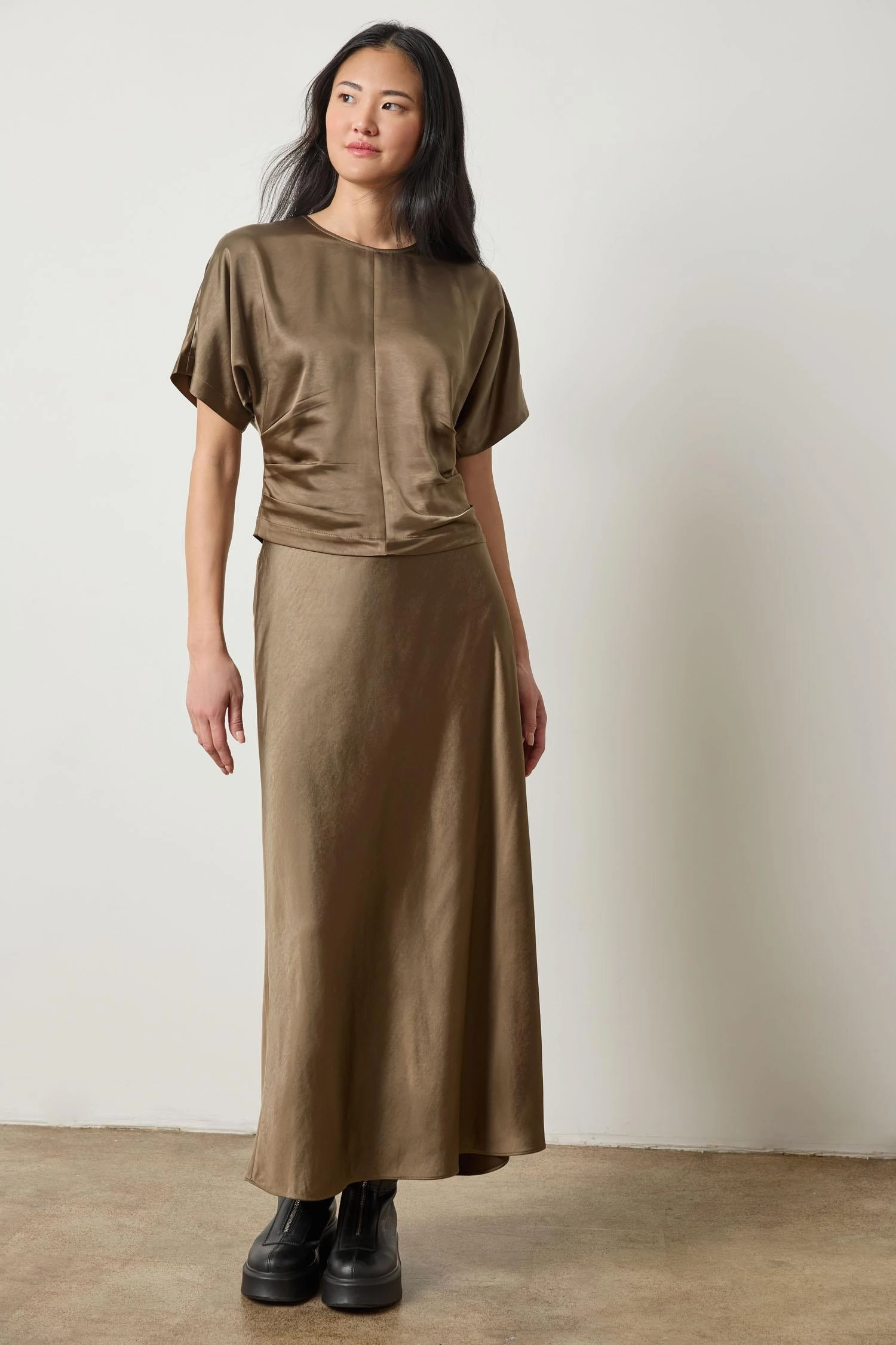 Sustainable Fabric Satin Bias Maxi Skirt in Parsley