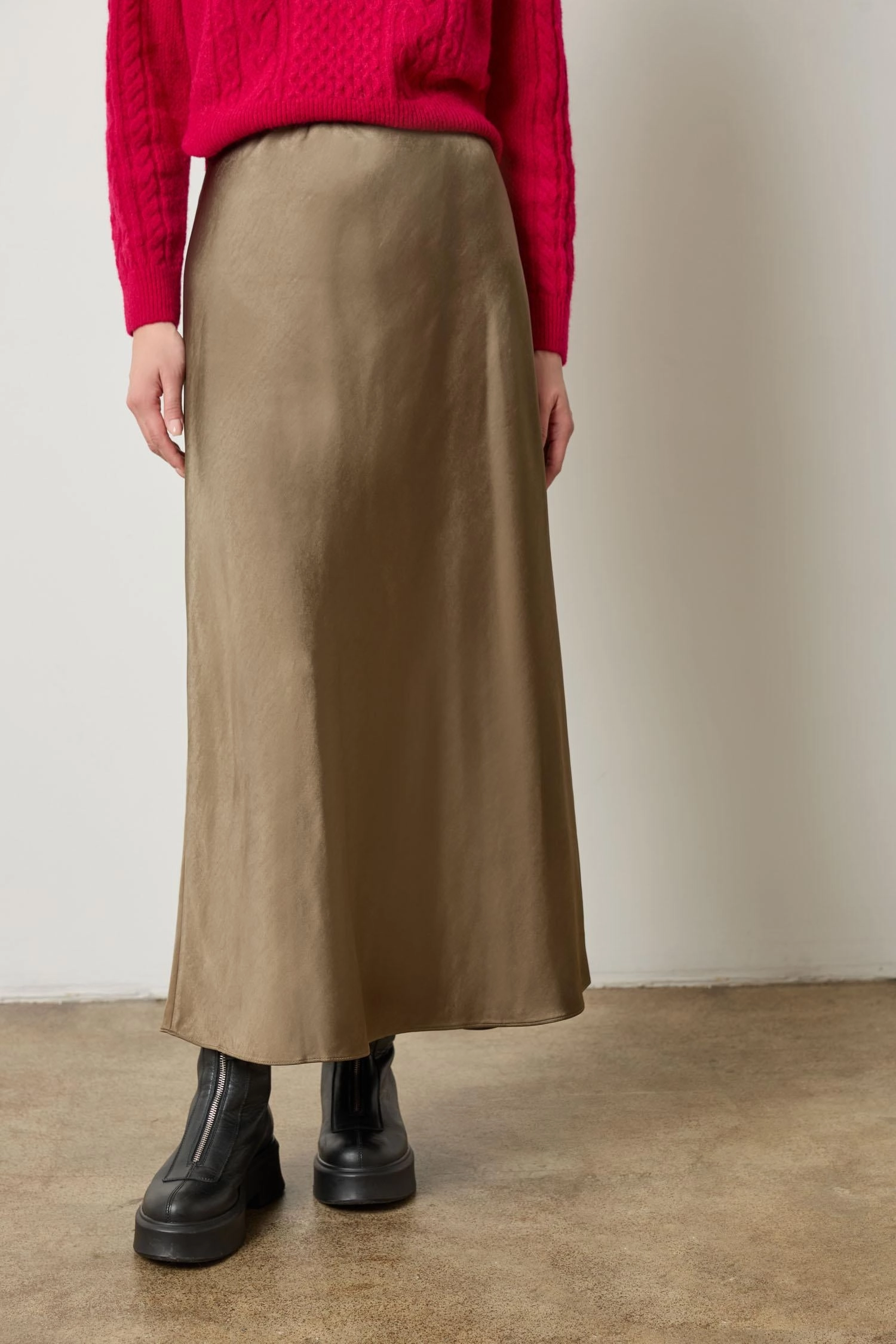 Satin Bias Maxi Skirt in Parsley Influencer Style Smooth Feel