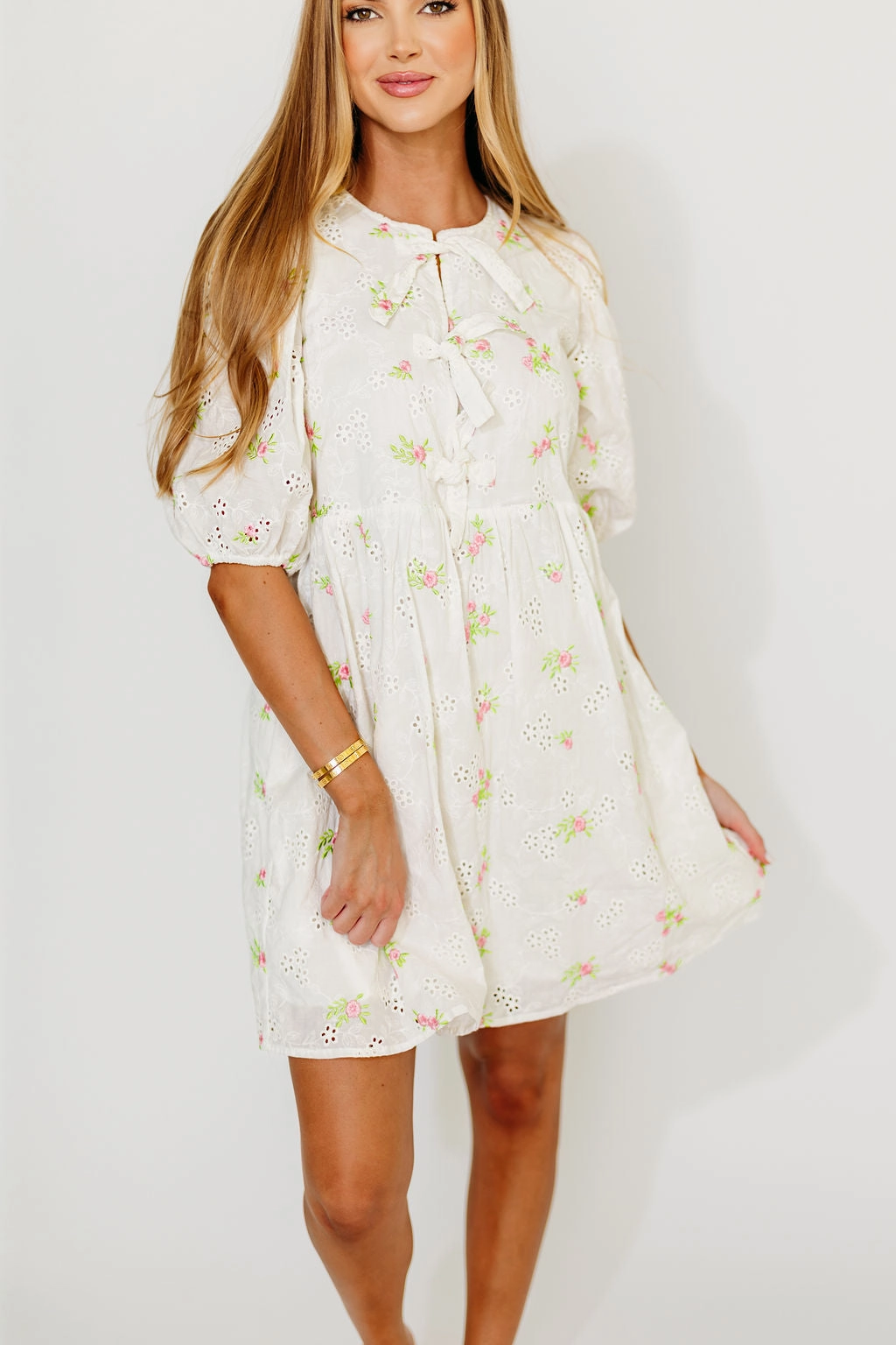 Square-Neck Saylor Floral Dress in White Pink *Final-Sale*