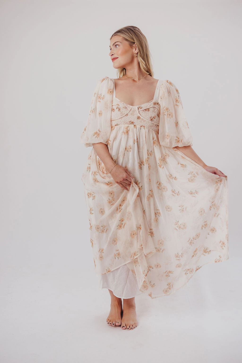 Fit Base Harlow Maxi Dress in Taupe Floral - Bump Friendly & Inclusive Sizing (S-3XL)