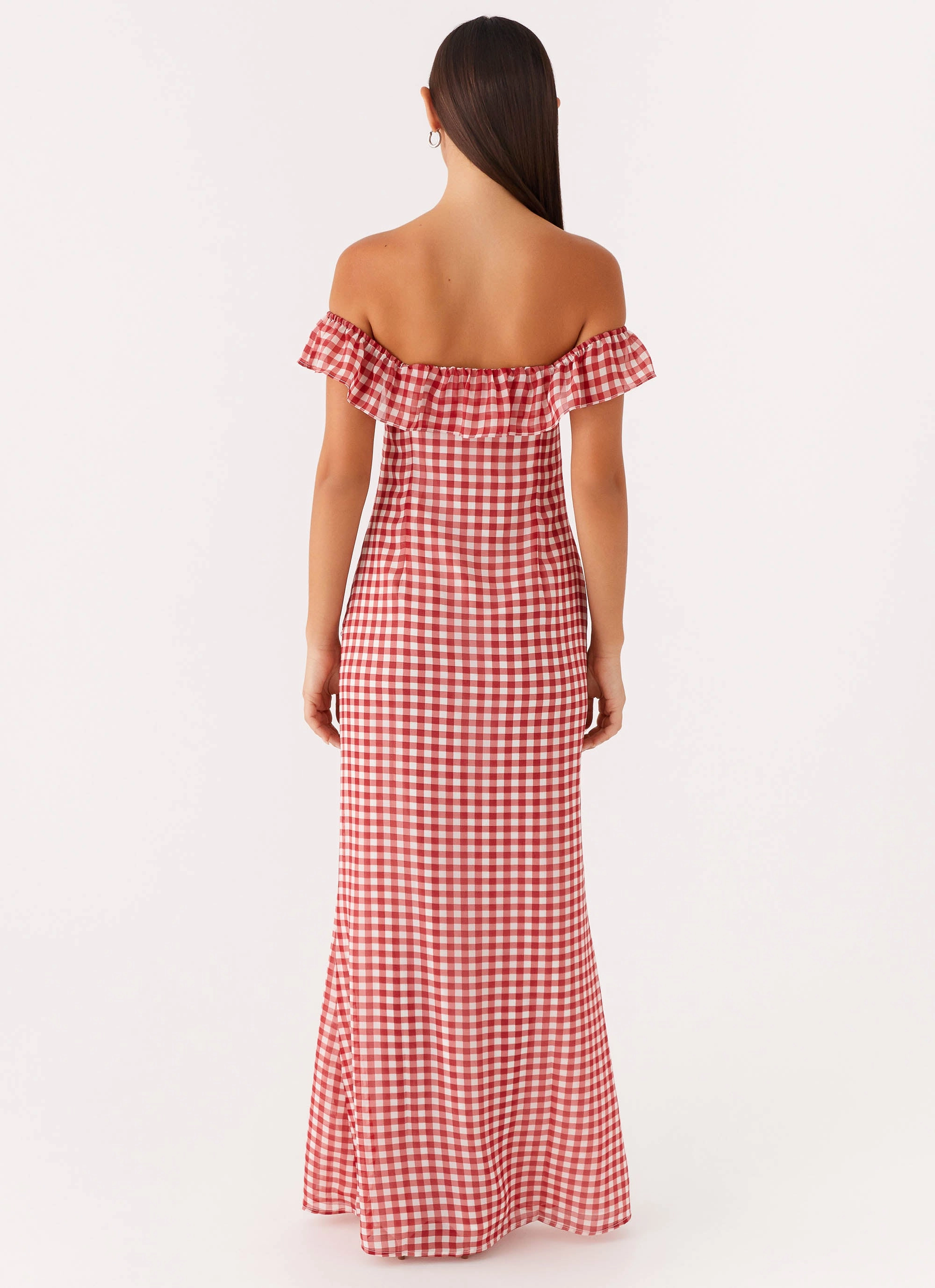 Edgy Twist Scarlet Cherry Maxi Dress - Red Gingham