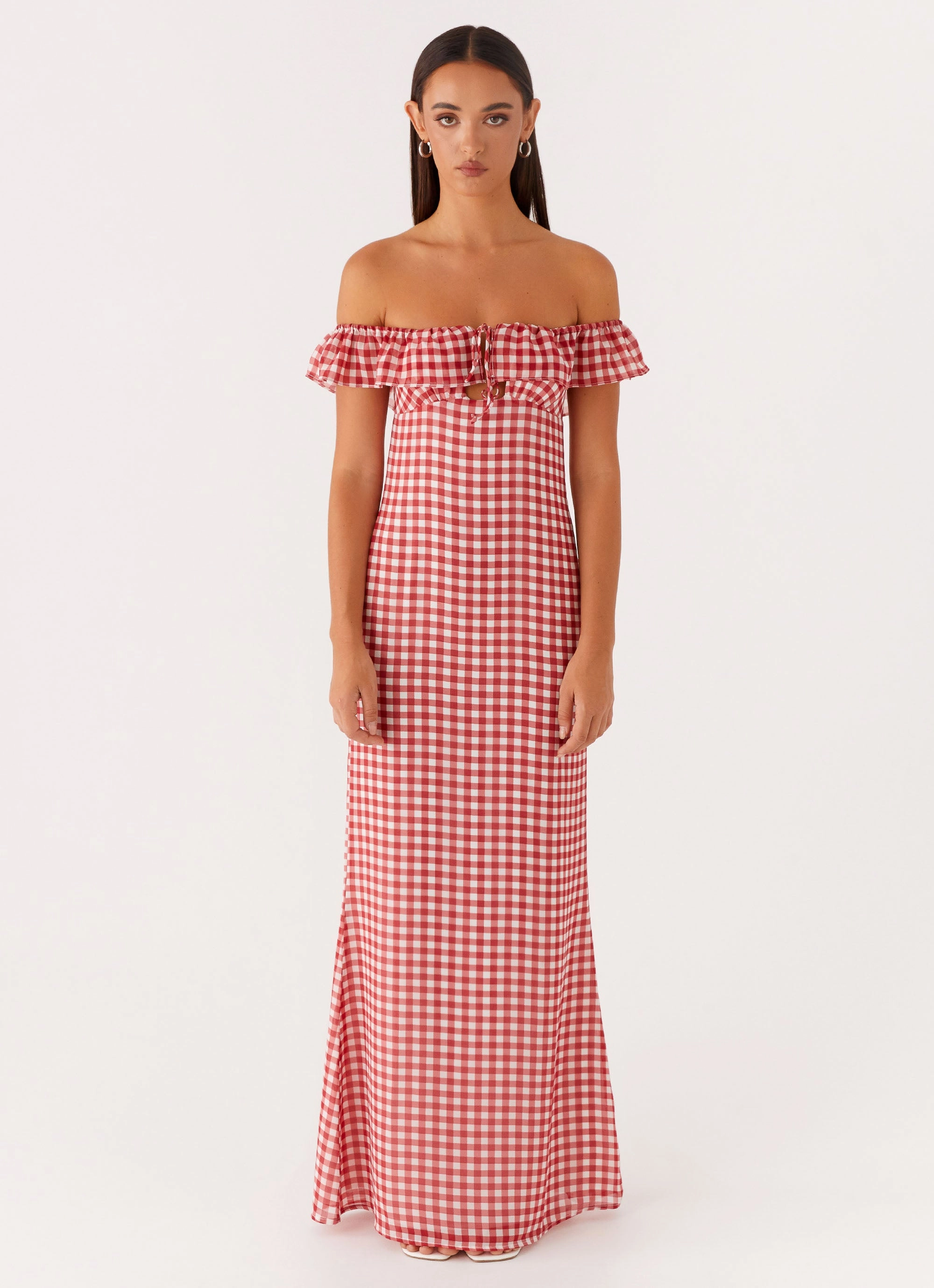 Relaxed Line Scarlet Cherry Maxi Dress - Red Gingham