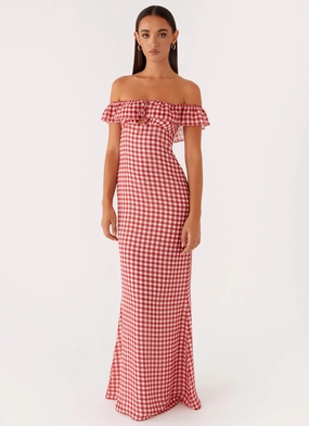 Scarlet Cherry Maxi Dress - Red Gingham Flattering Waistband Fit Textured Flow