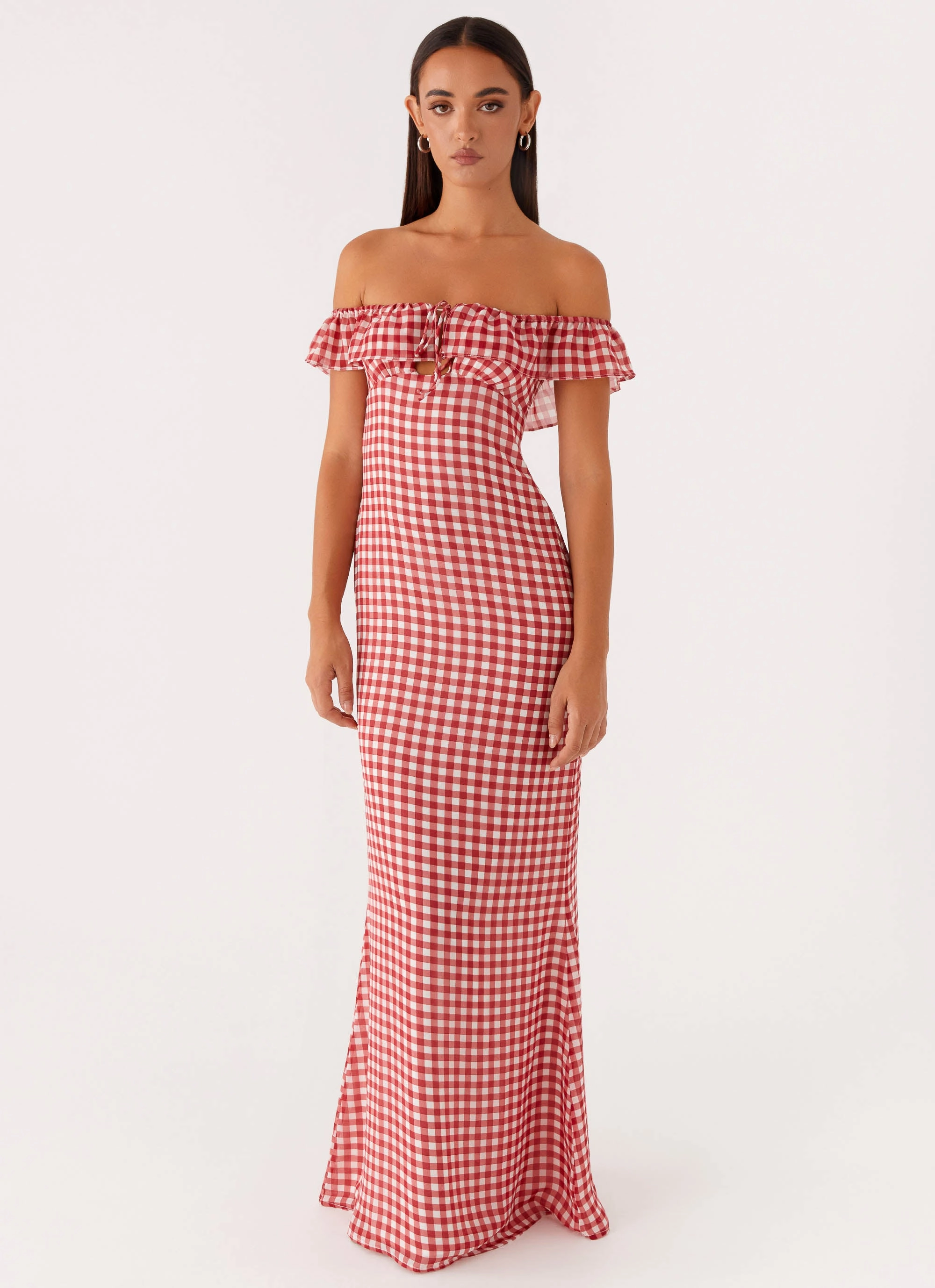 Scarlet Cherry Maxi Dress - Red Gingham Flattering Waistband Fit Textured Flow