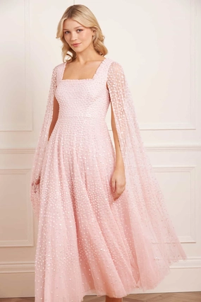 Scatter Dot Cape Sleeve Ankle Gown Jewel Accent