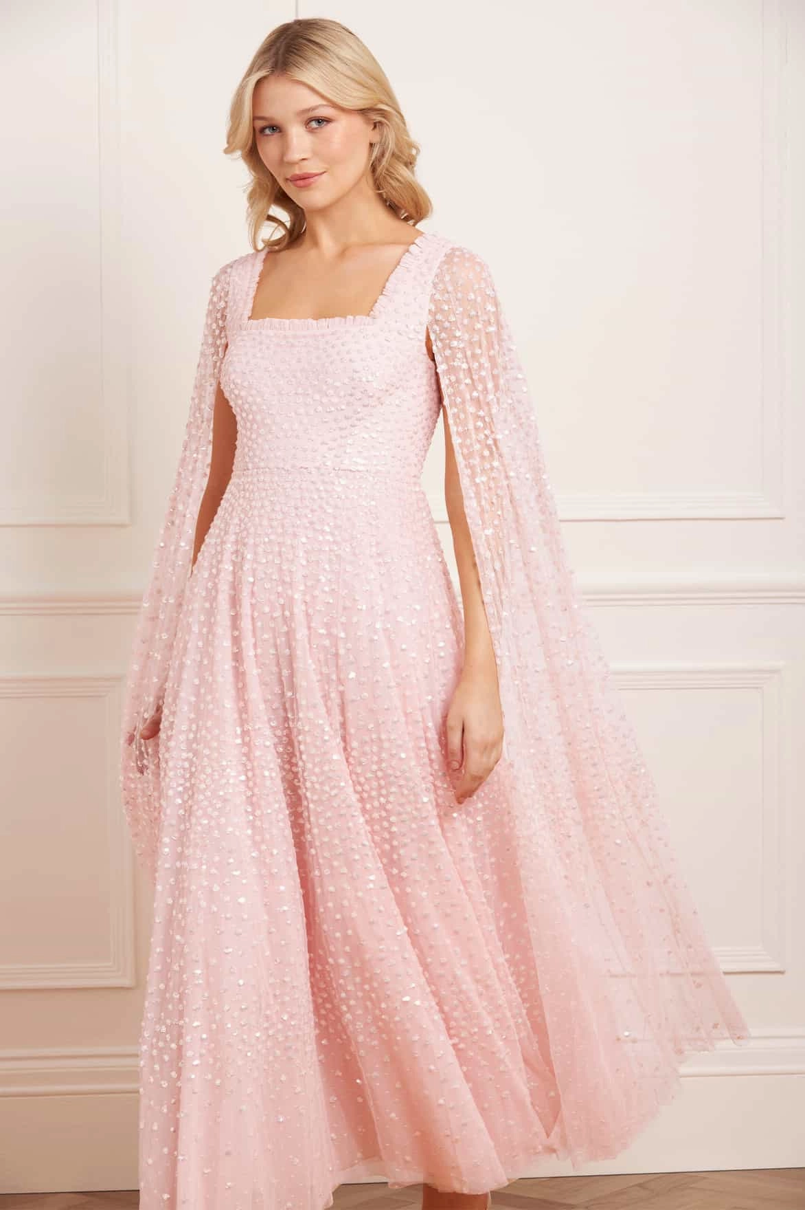 Scatter Dot Cape Sleeve Ankle Gown Jewel Accent