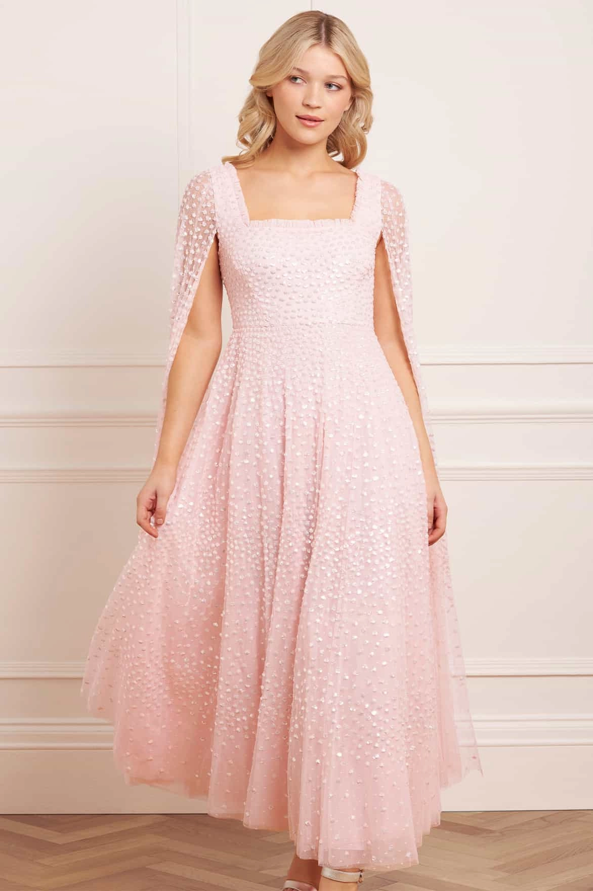 Scatter Dot Cape Sleeve Ankle Gown Nature Inspired Work Option