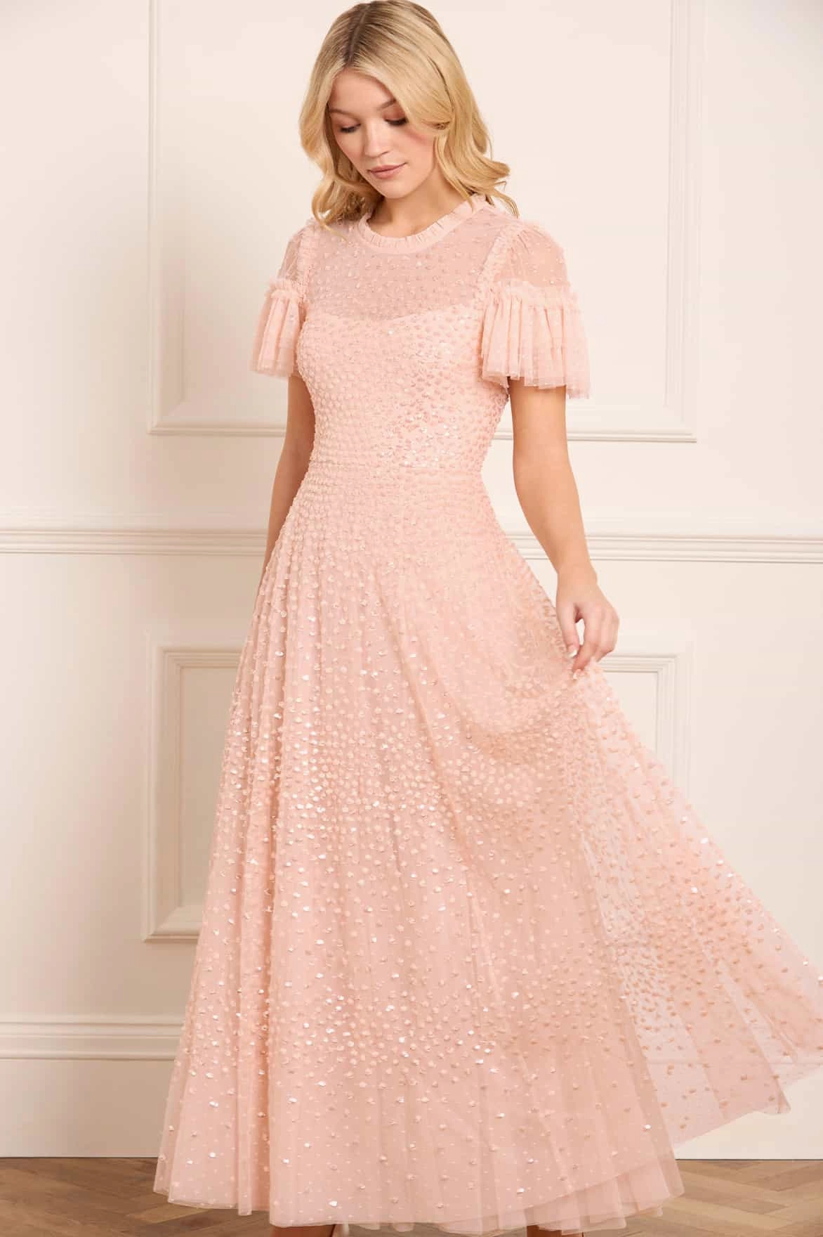 Scatter Dot Round Neck Short Sleeve Ankle Gown Travel-Style Comfort Stretch
