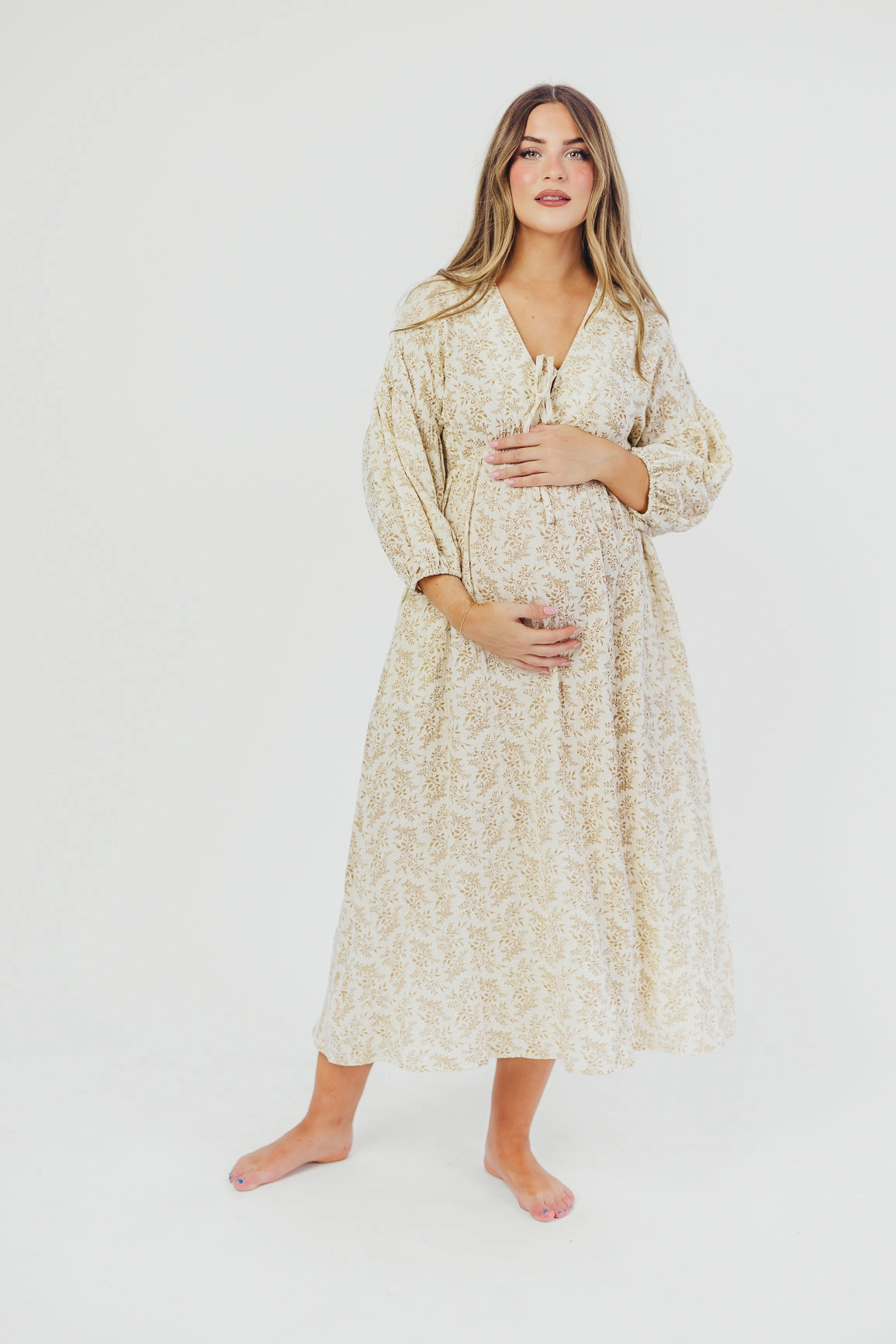 Hunter 100% Cotton Gauze Midi Dress in Natural/Tan Floral - Bump Friendly Floral Pattern