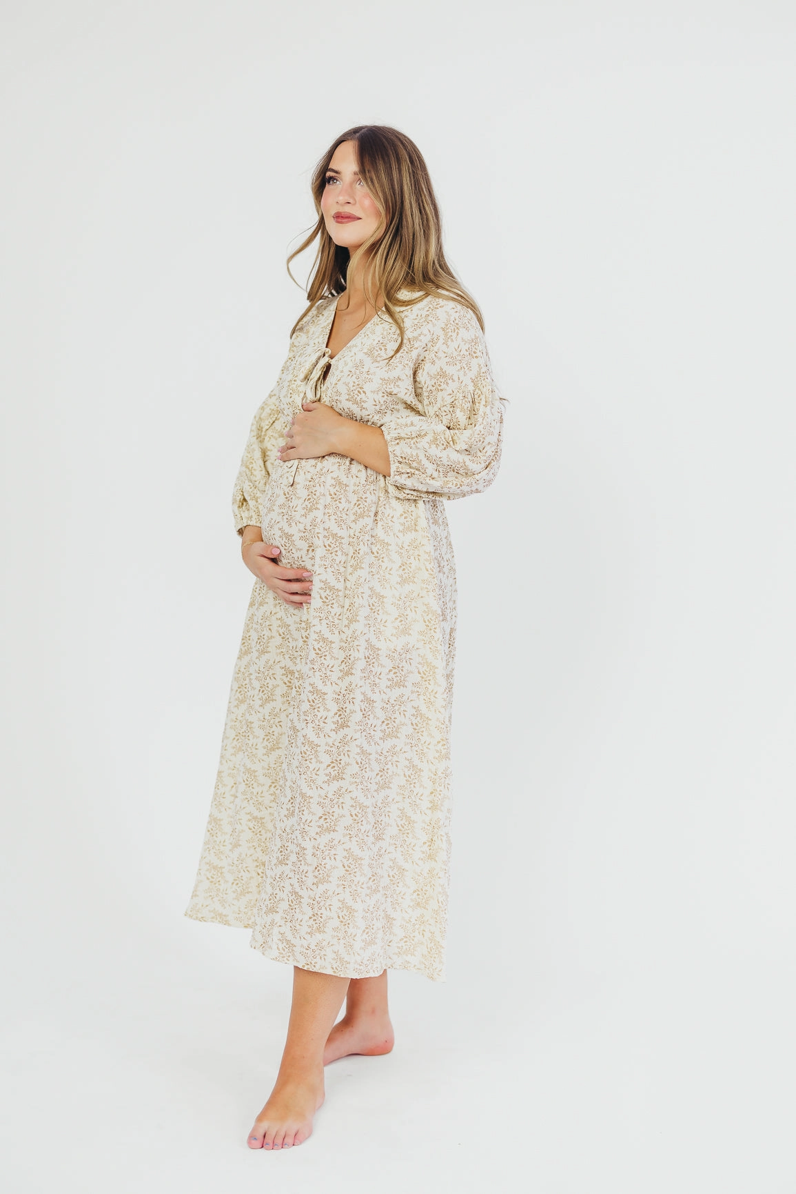 Hunter 100% Cotton Gauze Midi Dress in Natural/Tan Floral - Bump Friendly Airy Fit Comfort Stretch