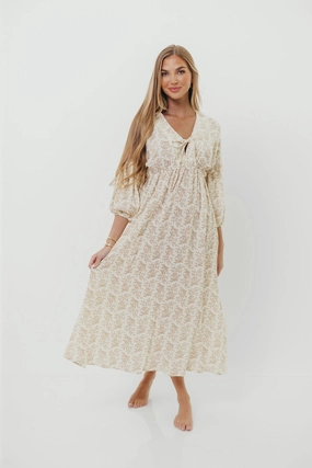 Year Round Trendy Design Hunter 100% Cotton Gauze Midi Dress in Natural/Tan Floral - Bump Friendly