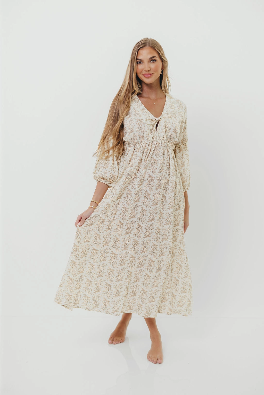 Year Round Trendy Design Hunter 100% Cotton Gauze Midi Dress in Natural/Tan Floral - Bump Friendly