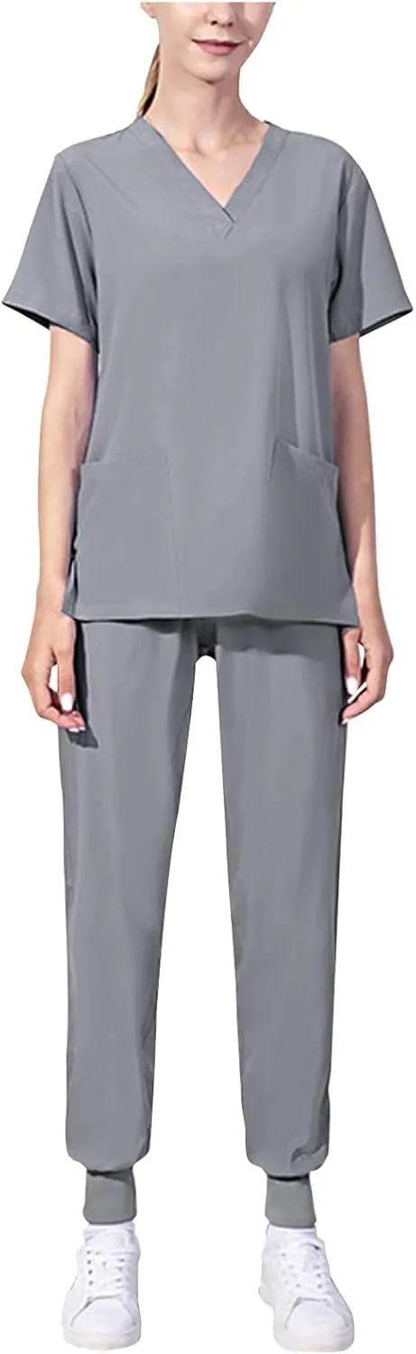 Scrubs-Set for Women 2 Piece Outfits Nurse Uniform Jogger Suit Classic Stretch Top & Pants with Pocket Nurse Workwear