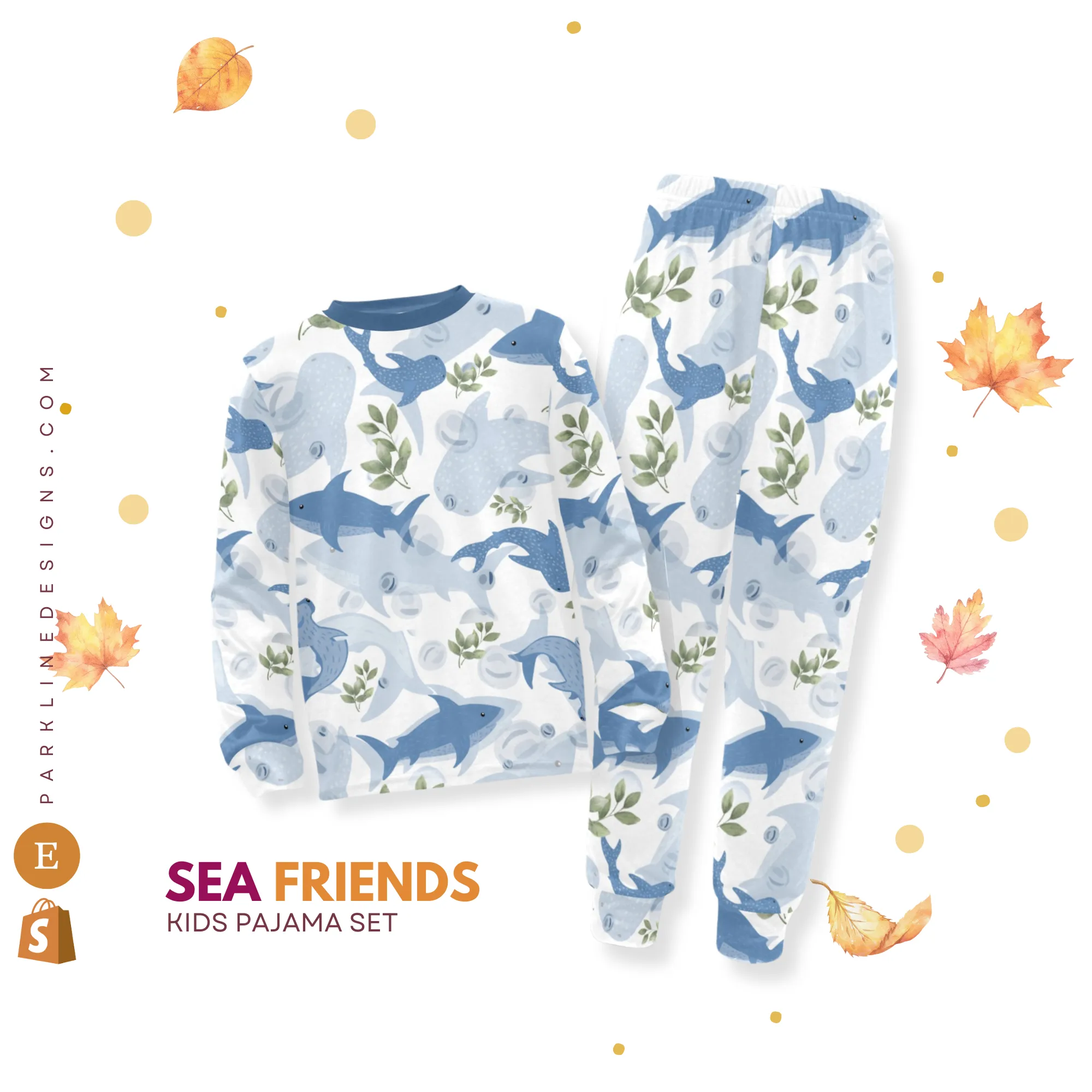 Sea Friends Boys' Pajama Set | Marine-Themed Design | Crew Neck Long Pajama Set | Soft Long Sleeve Sleepwear for Lounging and Relaxing
