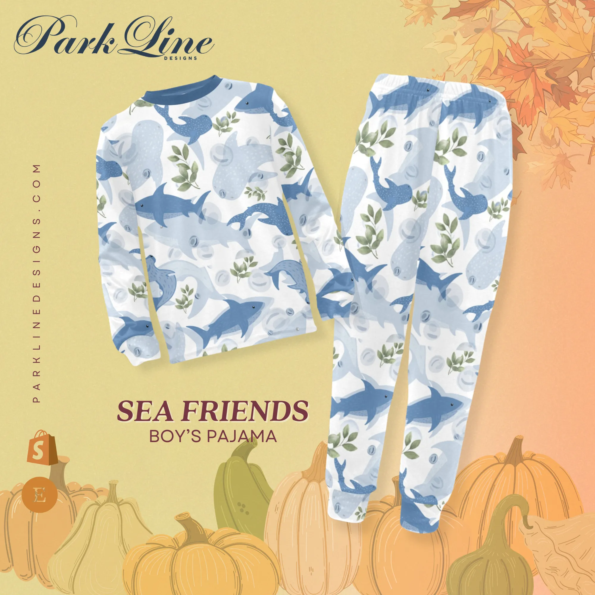 Sea Friends Boys' Pajama Set | Marine-Themed Design | Crew Neck Long Pajama Set | Soft Long Sleeve Sleepwear for Lounging and Relaxing