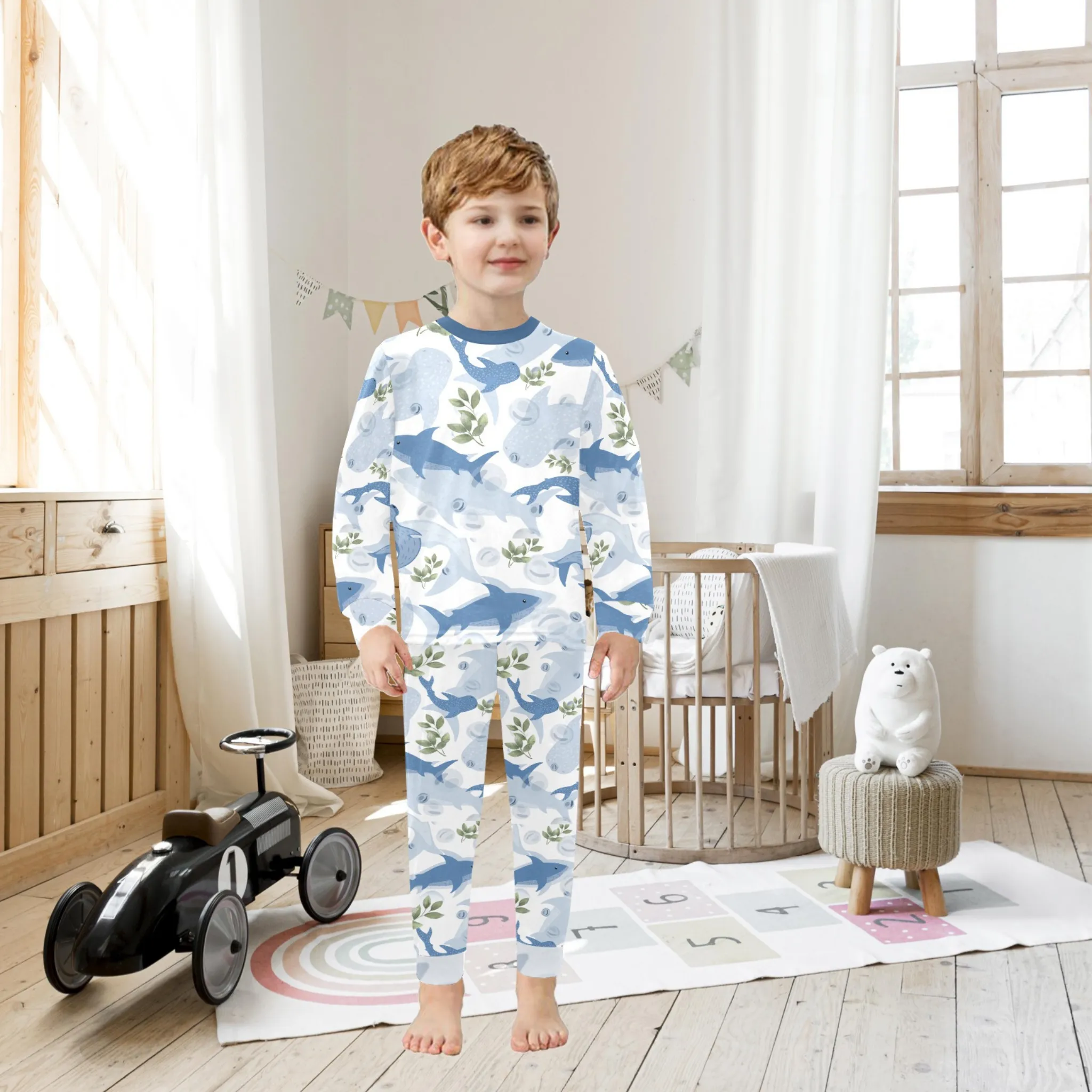 Sea Friends Boys' Pajama Set | Marine-Themed Design | Crew Neck Long Pajama Set | Soft Long Sleeve Sleepwear for Lounging and Relaxing
