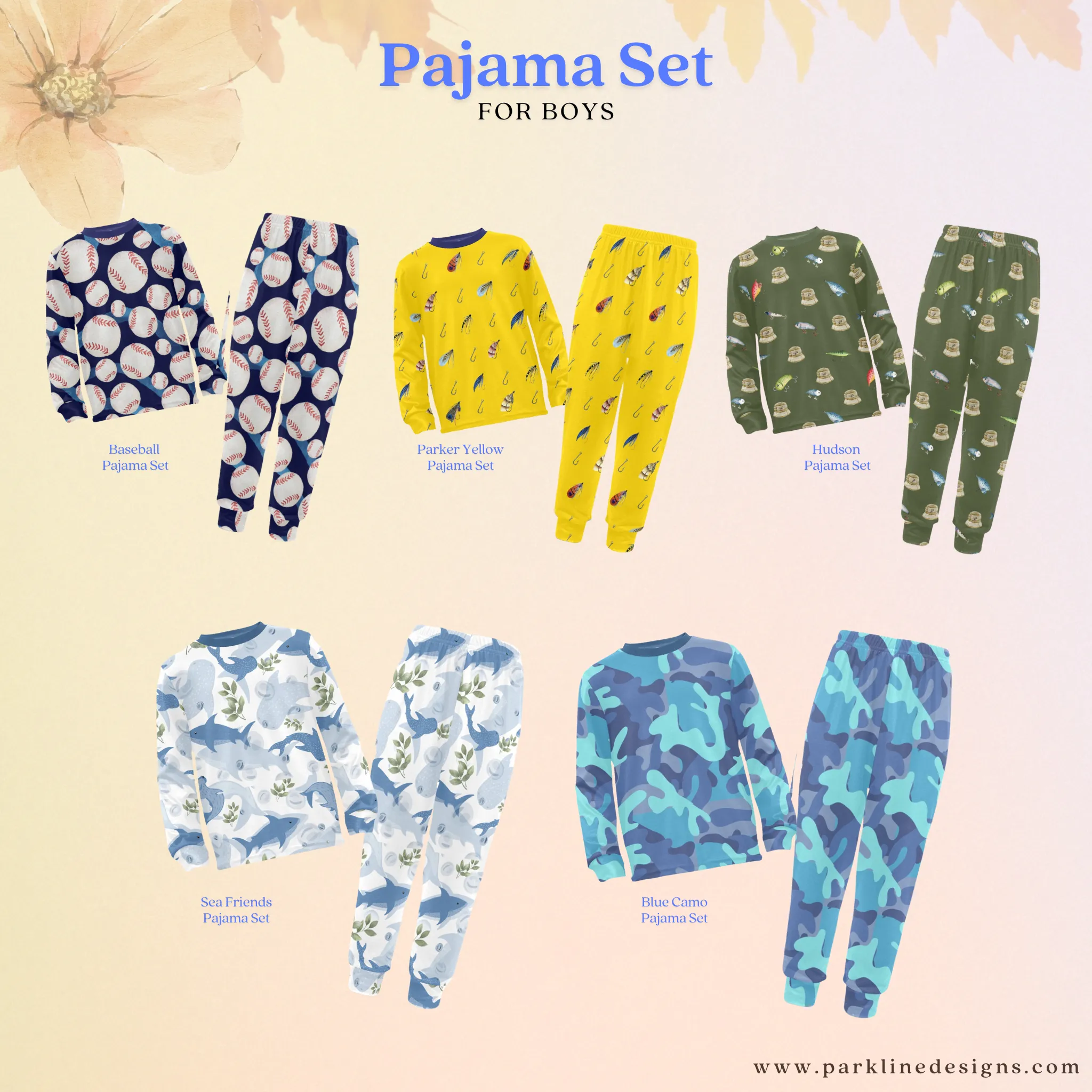 Sea Friends Boys' Pajama Set | Marine-Themed Design | Crew Neck Long Pajama Set | Soft Long Sleeve Sleepwear for Lounging and Relaxing