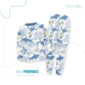 Sea Friends Boys' Pajama Set | Marine-Themed Design | Crew Neck Long Pajama Set | Soft Long Sleeve Sleepwear for Lounging and Relaxing