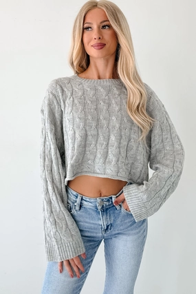 NonIrritatingStitching ReinforcedStitching Time For Me Cable Knit Crop Sweater (Silver Grey)
