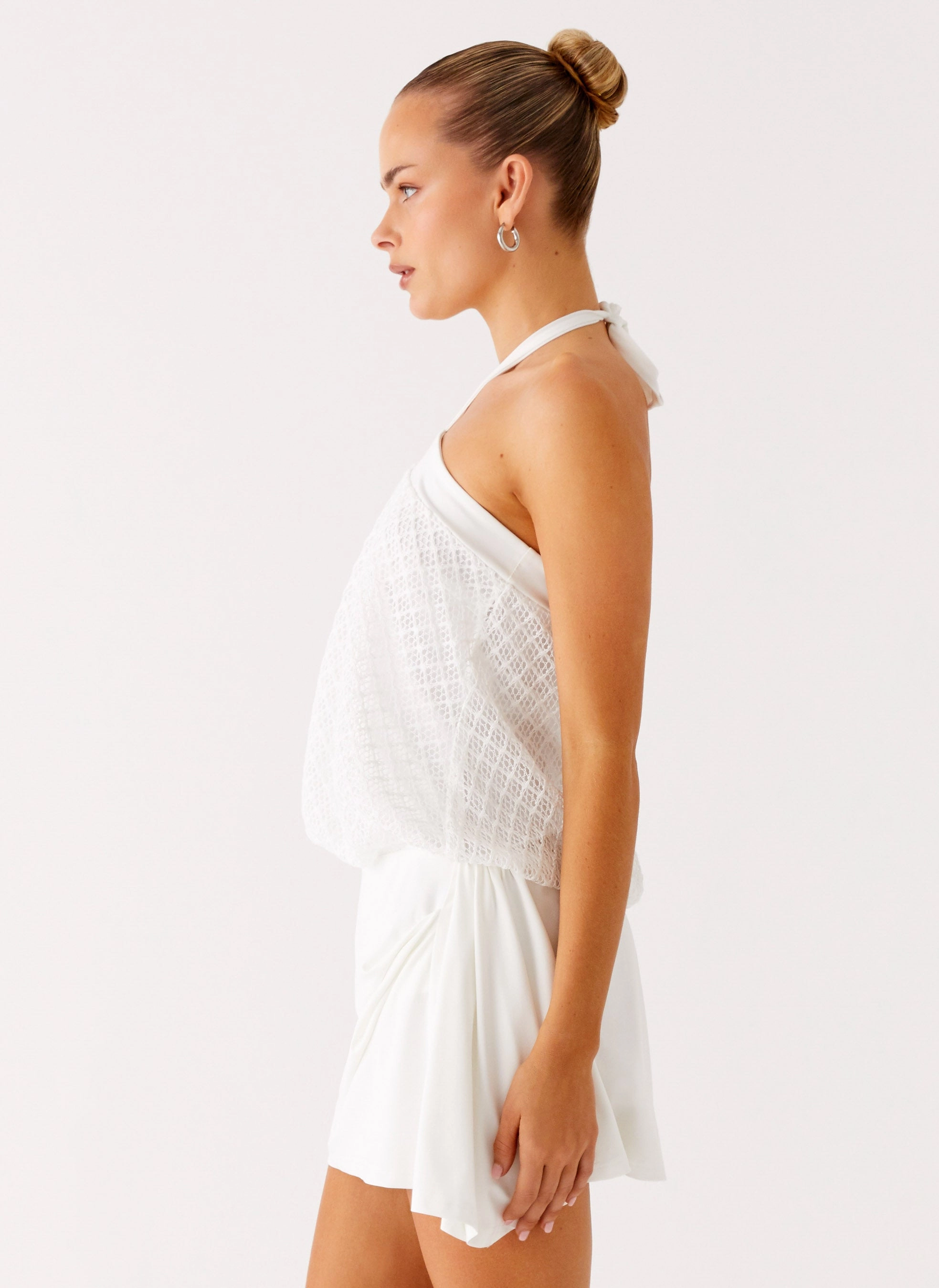 Switch Up Halter Mini Dress - Ivory Active Outfit