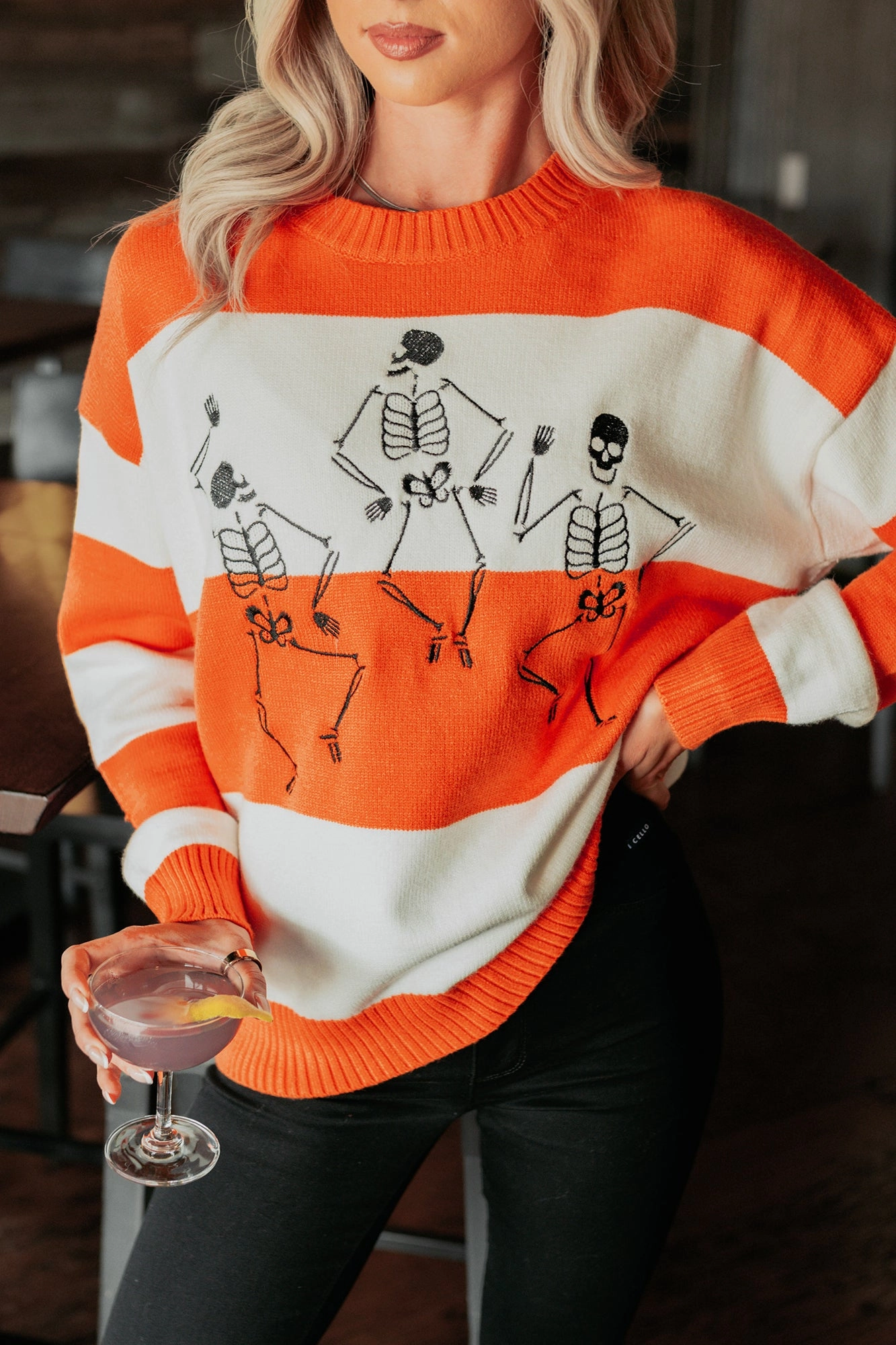 Flattering Drape Soft Pullover Haunted Haze Striped Knit Skeletons Sweater (Orange)