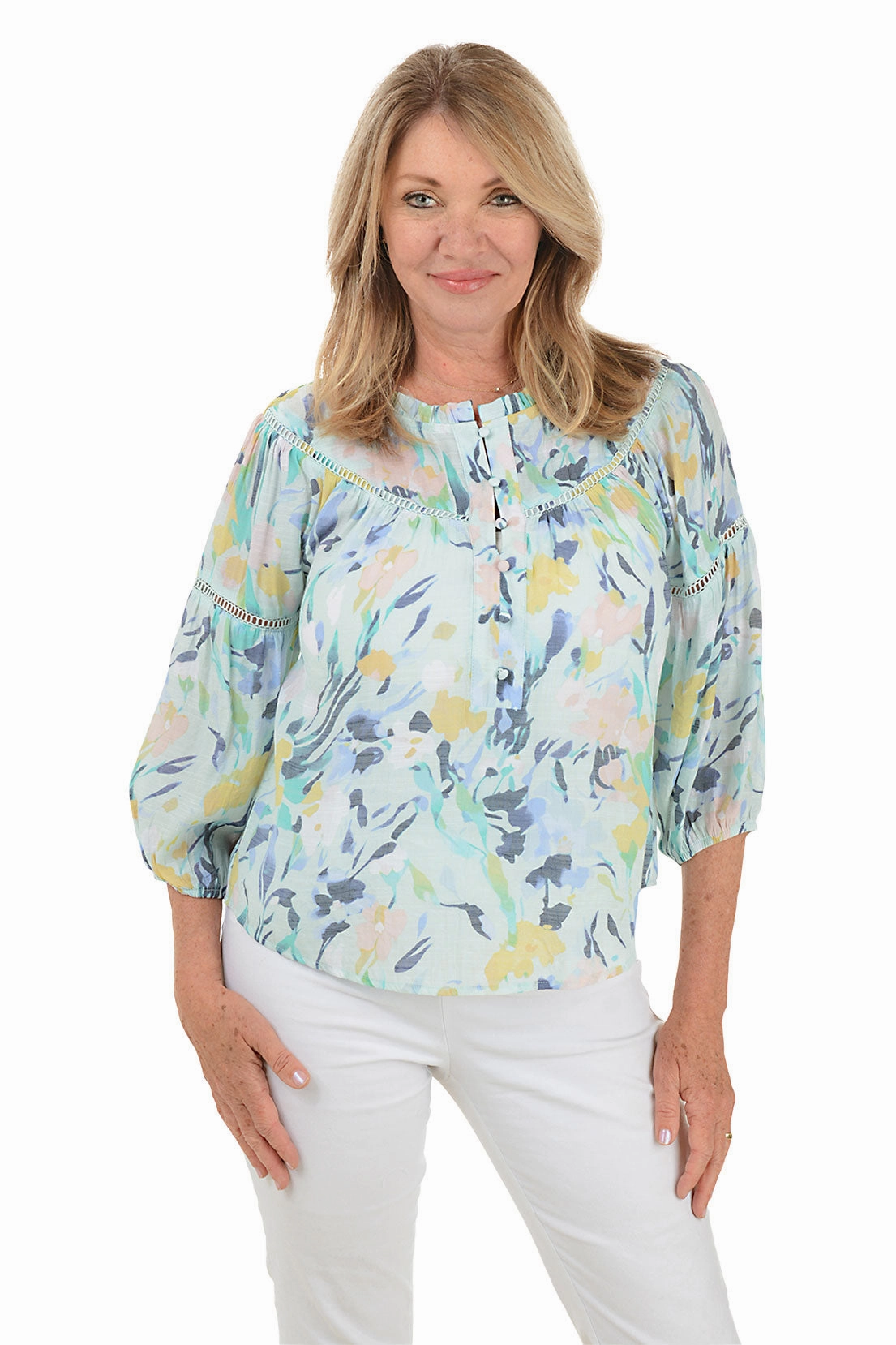 Ice Morning Crochet Puff Sleeve Blouse SublimatedPrint Minimalist Detailing