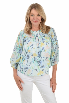 Interlock Knit Ethically Sourced Material Ice Morning Crochet Puff Sleeve Blouse