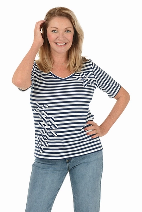 Striped Flower Applique Tee Bound Seam Finish