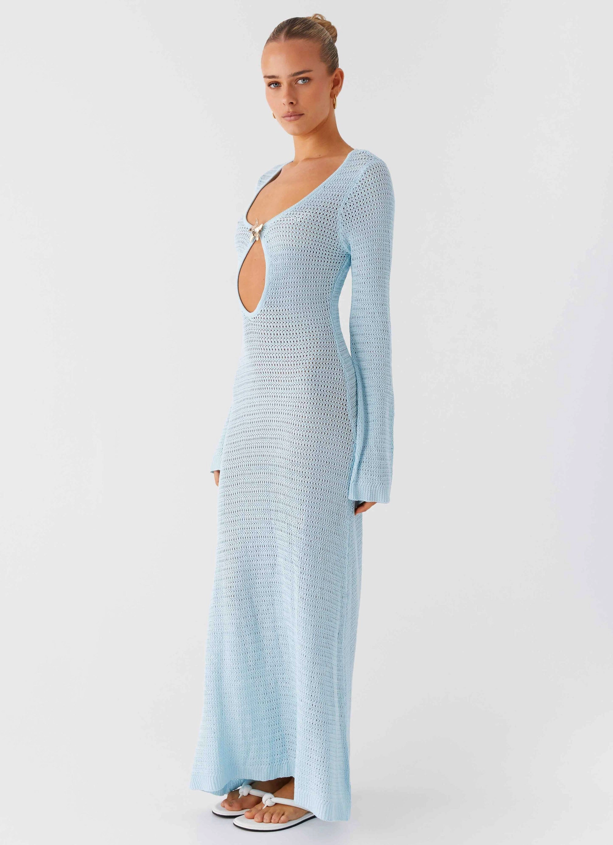 Urban appeal Flattering Waist Design Fit Seascape Chochet Maxi Dress - Blue