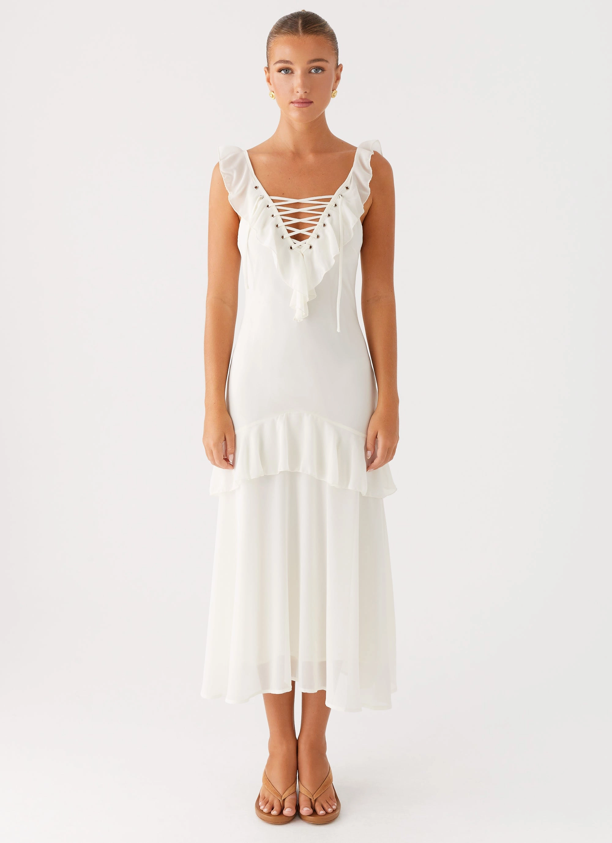Striped-Pattern Red-Carpet Celie Midi Dress - Ivory