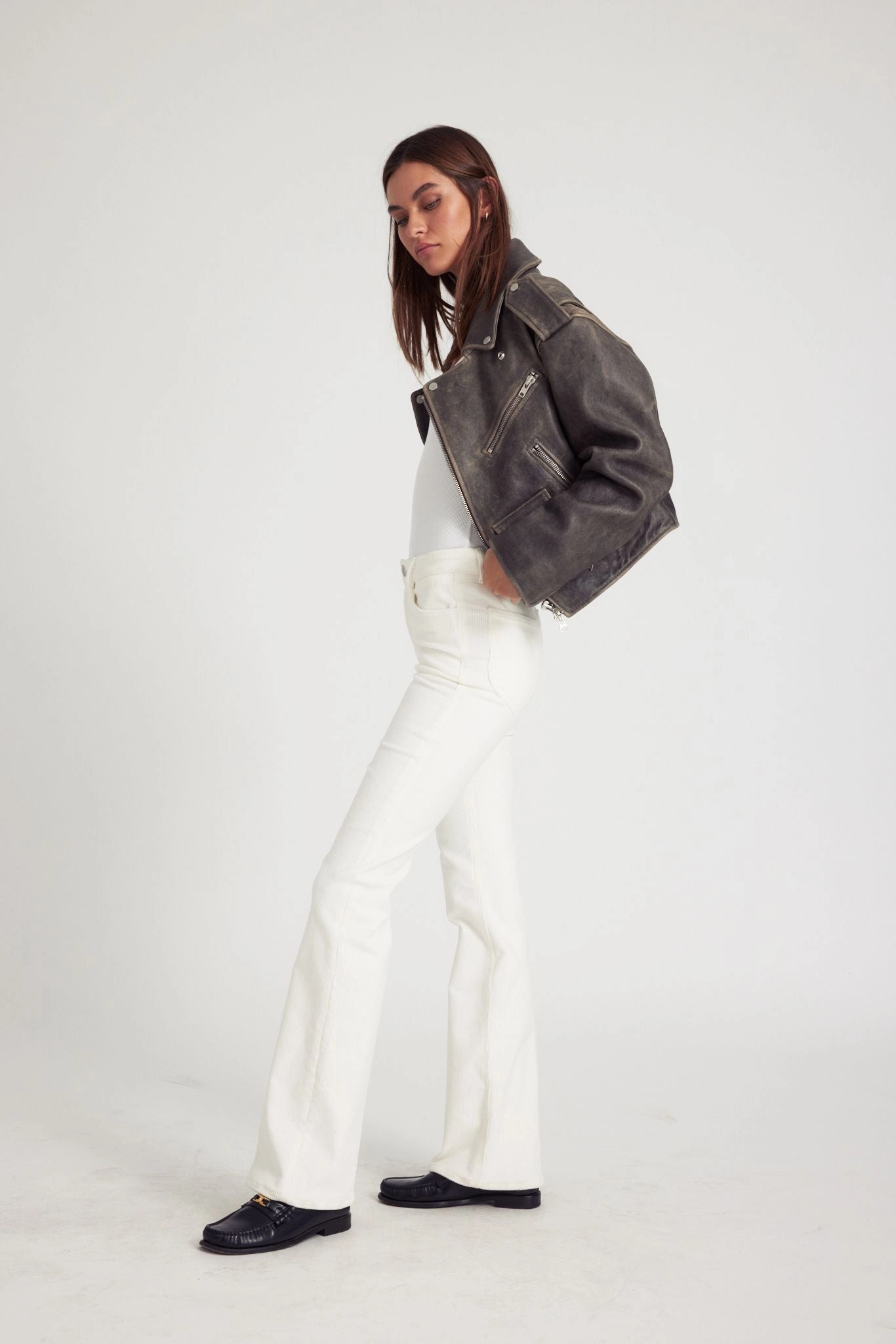 White Corduroy Micro Flare Pants Stretchy Waist Casual Layer