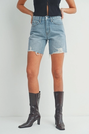 Moisture Wicking Finish Moisture Wicking Material SELENA SLIGHTLY DISTRESSED DENIM SHORTS