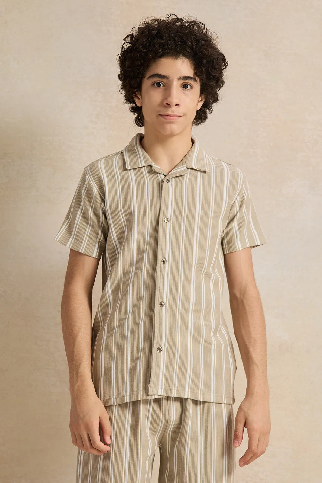 Senior Boys Olive Jacquard Collared Casual Set