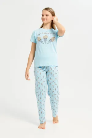 Senior Girls Blue Ice Cream Print Pyjama Set (2 Piece)