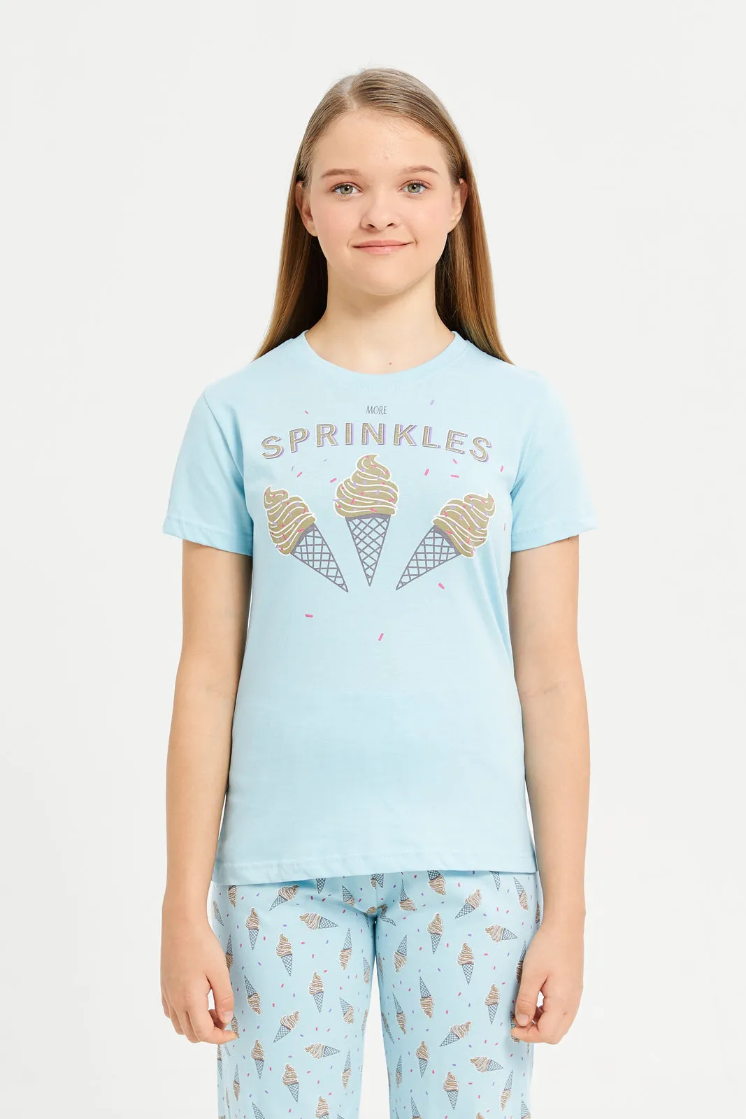 Senior Girls Blue Ice Cream Print Pyjama Set (2 Piece)