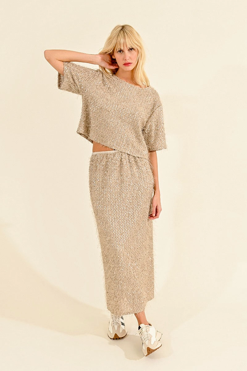 Sequin and Eyelash Skirt in Light Beige Creative Fashion Light Moodboard