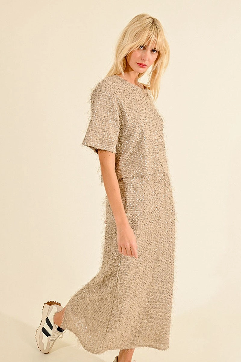 Sequin and Eyelash Skirt in Light Beige All Day Stylish Choice