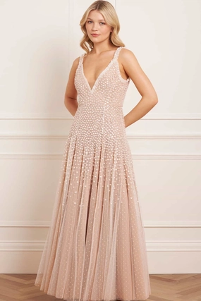 Classic knee-length dress Tailored Piece Sequin Cascade Cami Plunge Gown