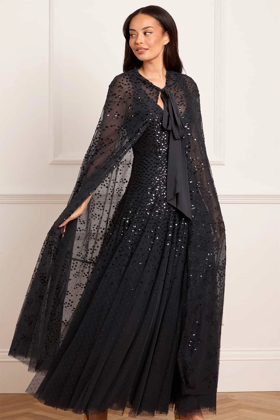 Open Design Insulating-Lining Sequin Cascade Cami Plunge Gown