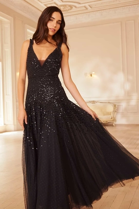 Special-Edition Rose Soft Sequin Cascade Cami Plunge Gown