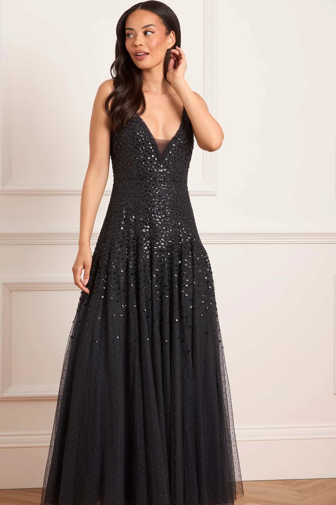 Empire-Waist Magnetic-Closure Sequin Cascade Cami Plunge Gown