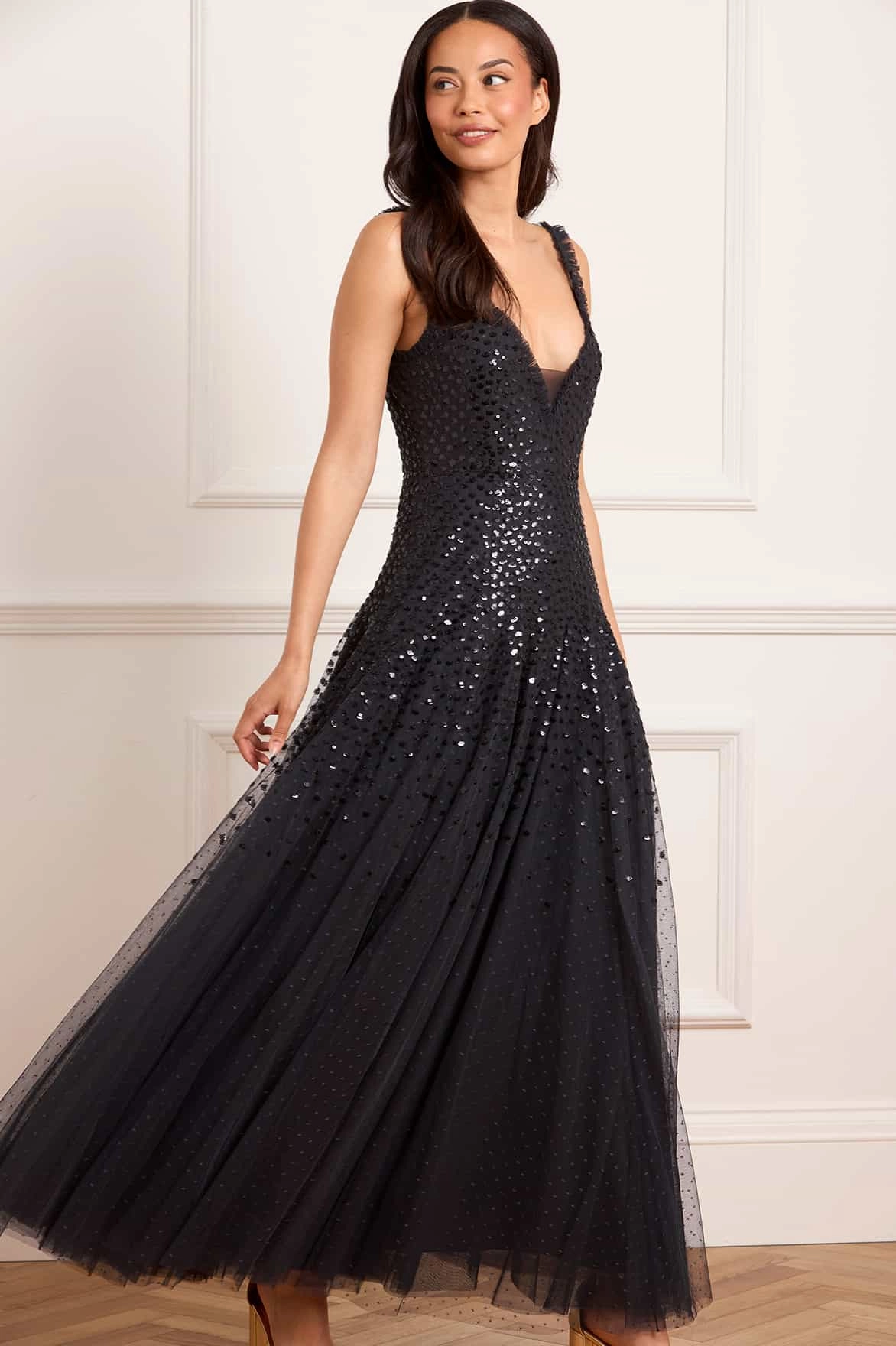 Lightweight Fabric Satin Fabric Sequin Cascade Cami Plunge Gown