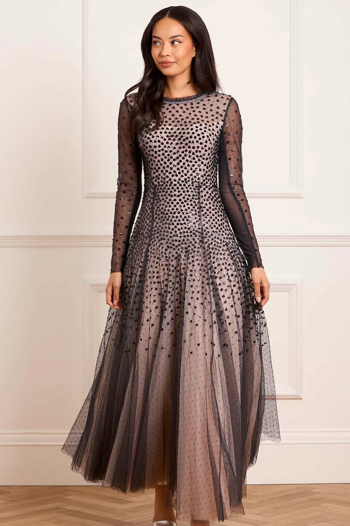 Sequin Cascade Round Neck Gown FoldablePackaging Garden Scene
