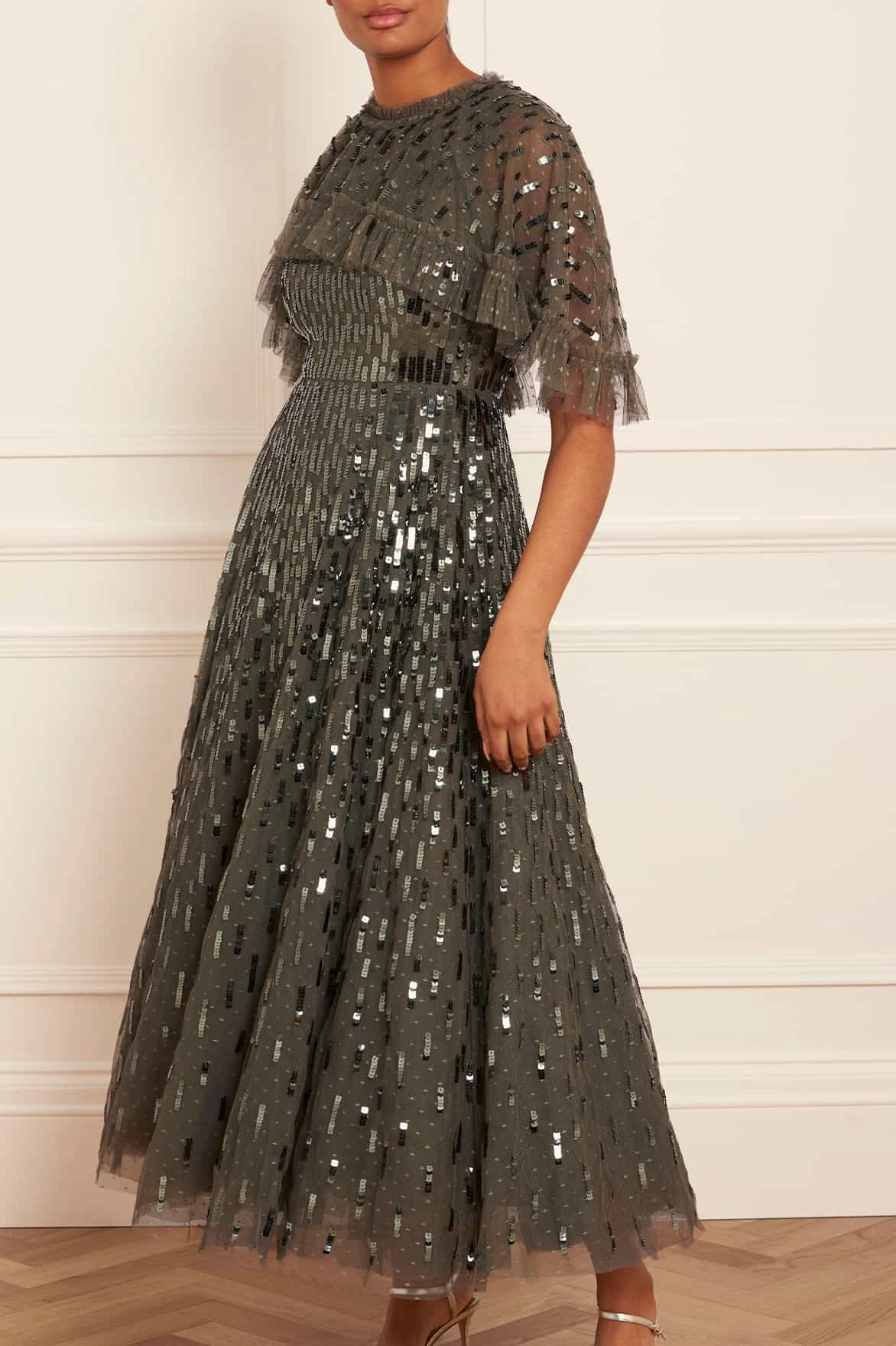 Sequin Dash Cape Ankle Gown Stud-Detail