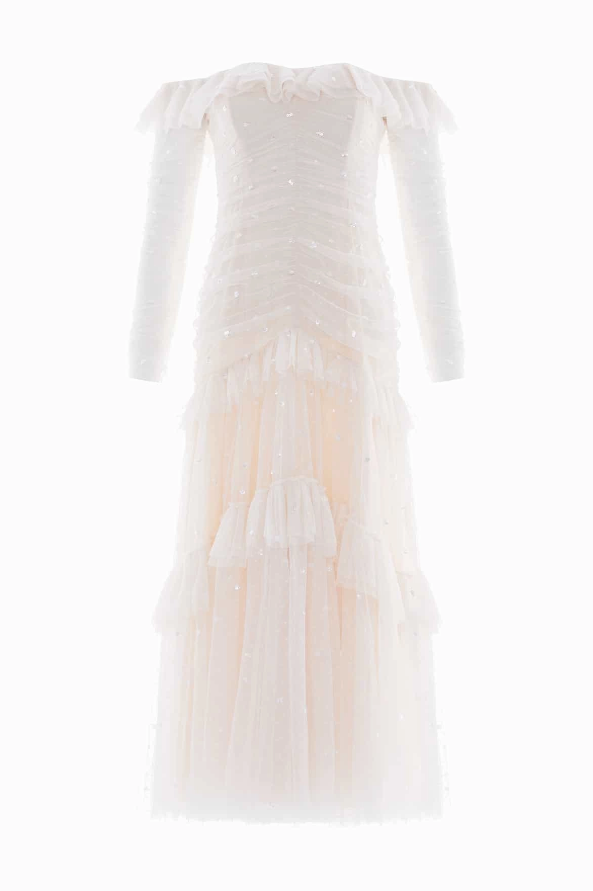 Casual event outfit Crinkle Effect Sequin Glimmer Rouched Off-Shoulder Gown