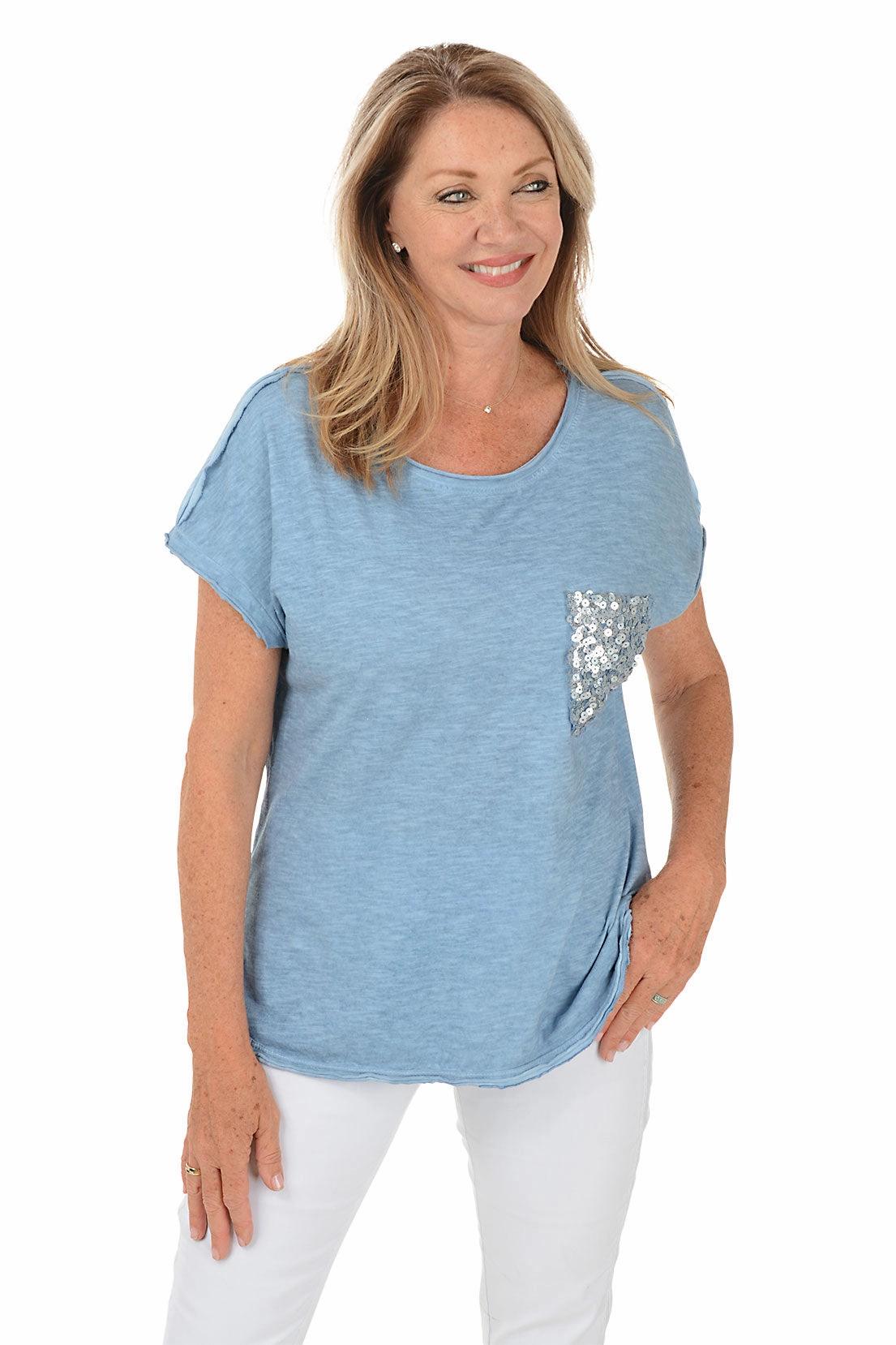Reinforced Seam Technique Sequined Pocket Slub-Knit Tee