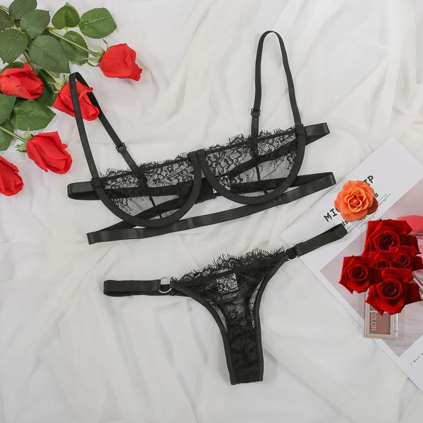Sexy 2 Piece Lingerie Women Eyelash Lace Bra and Panty Set Push Up Half Cup Mesh Bralette Strappy Thong Sleepwear