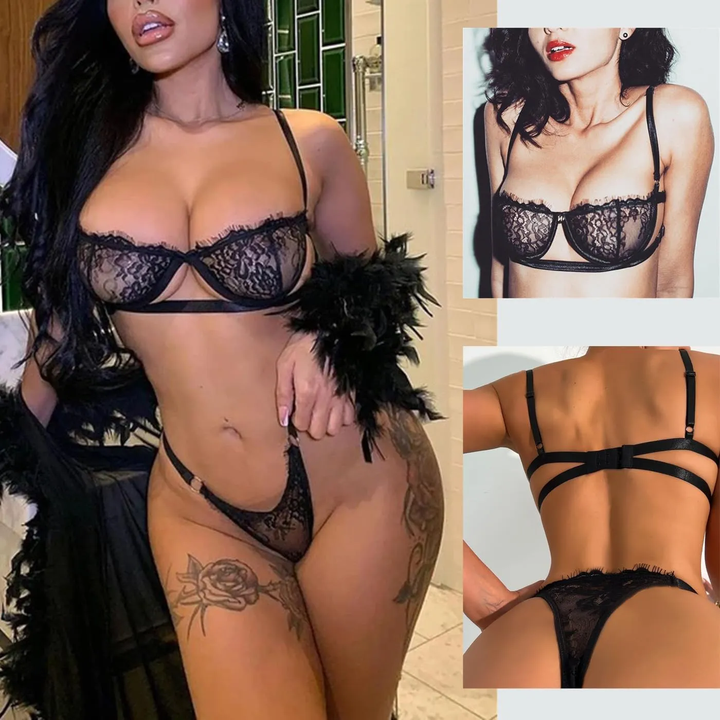 Sexy 2 Piece Lingerie Women Eyelash Lace Bra and Panty Set Push Up Half Cup Mesh Bralette Strappy Thong Sleepwear